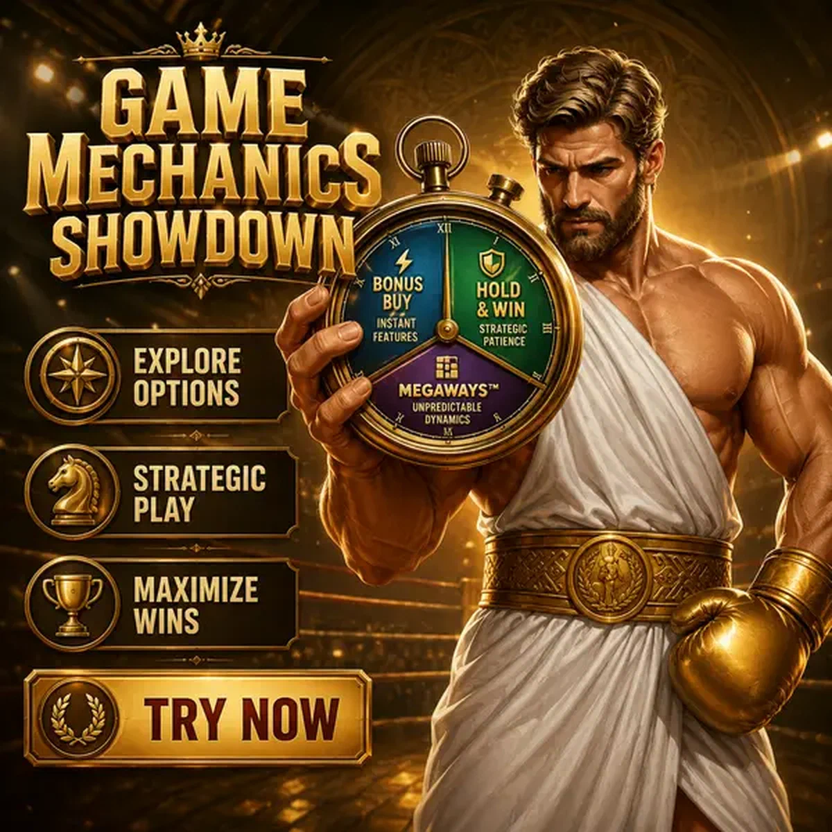 Kampioen bokser houdt stopwatch vast bij Game Format Mechanics arena met gokkastenstrategie