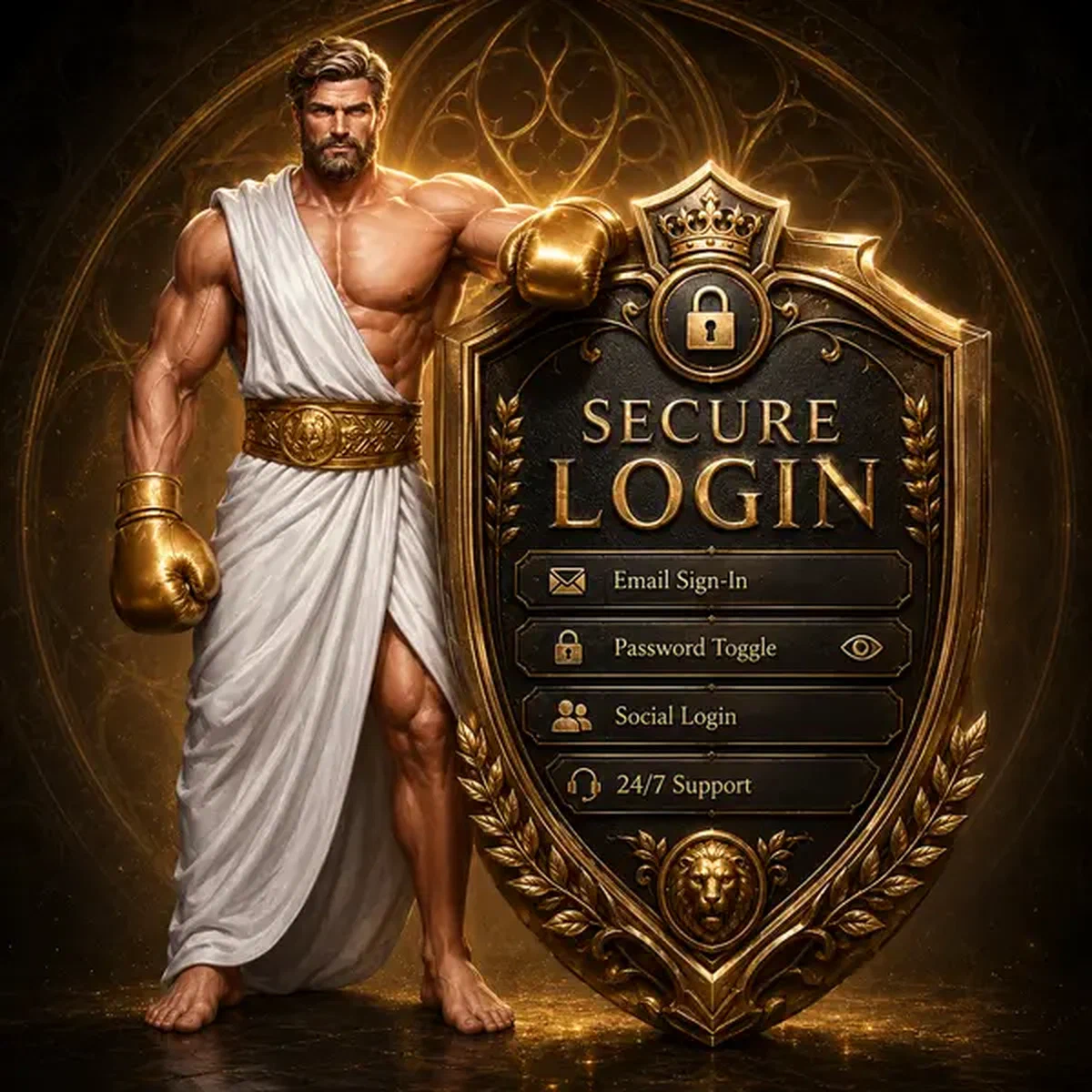 Champion bokser staat zelfverzekerd met beveiligingsbadge, vertegenwoordigt veilige login bij vertrouwd gamingportaal