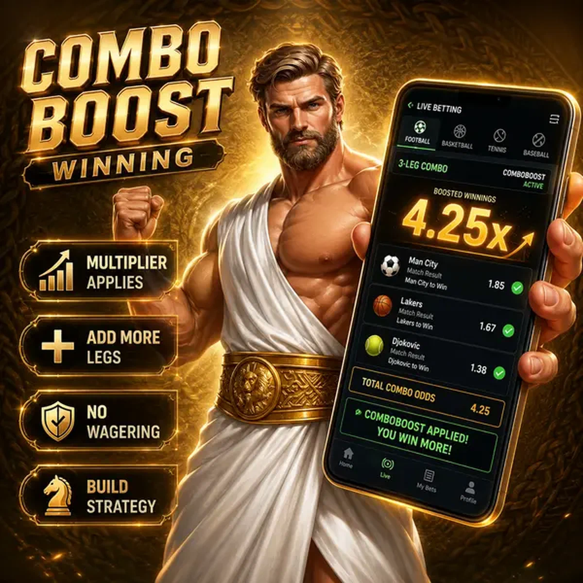 Gladiator kampioen analyseert sportweddenschappen combo's op gloeiende smartphone bij Savaspin